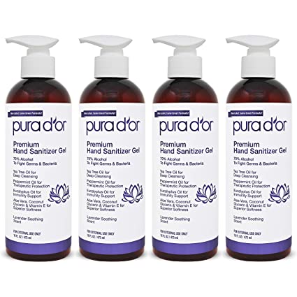 PURA D’OR Hand Sanitizer Gel LAVENDER Scent 4 PACK-16oz each = 64oz Total. 70% Alcohol Kills 99% Germs w/Aloe Vera, Tea Tree: Waterless Deep Cleansing Moisturizing Soothing, Fights Germs & Bacteria