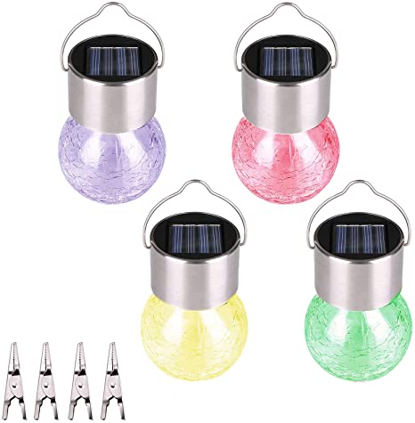 4 Pack Hanging Solar Lights Outdoor Christmas Decorations, Multi-Color Changing Cracked Glass Ball Lights Waterproof LED Lanterns with Clip for Umbrella, Garden, Yard, Patio, Tree, Holiday Decorations