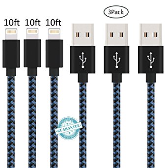 iPhone Cable - 3Pack 10FT, DANTENG Extra Long Charging Cord - Nylon Braided 8 Pin to USB Lightning Charger for iPhone 7,SE,5,5s,6,6s,6 Plus,iPad Air,Mini,iPod(Black Blue)