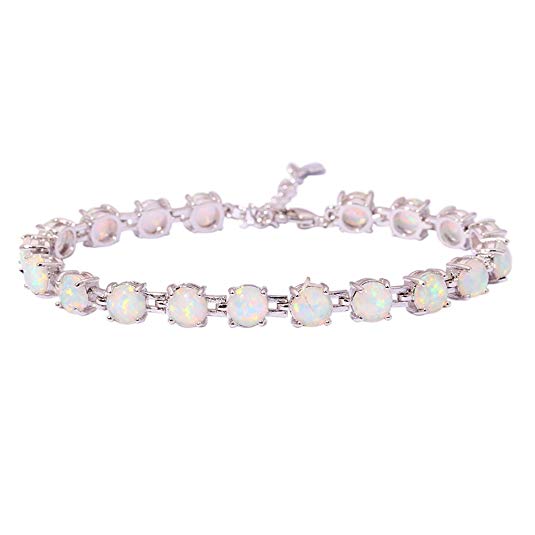CiNily Rhodium Plated Created White Fire Opal Women Jewelry Gemstone Bracelet 7"-8 1/2"