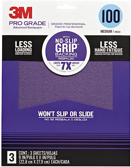 3M Pro Grade No-Slip Grip Sandpaper, 3-Pack, 100-Grit