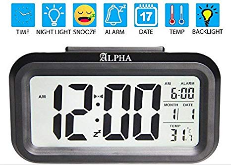 4.6" Battery Digital Smart Backlight Alarm Clock Snooze, Optional Weekday Alarm, Date, Temperature with Sensor Light (Black)