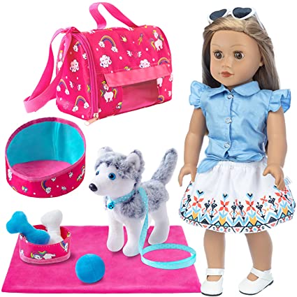 Ecore Fun 11 Piece Doll Pet Set and Accessories Included Doll Clothes Carrier Bag Toy pet Toy Kennel Etc Perfect for American 18 inch Girl Dolls - Best Gift for Your Child