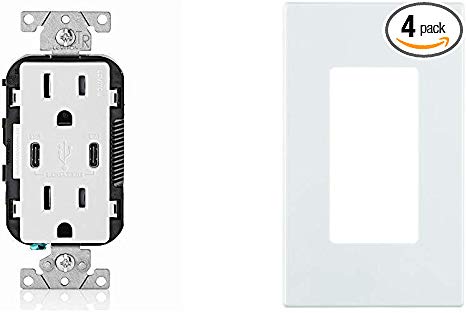 Leviton T5635-W USB Dual Type-C with Power Delivery (PD) In-Wall Charger with 15 Amp, 125 Volt Tamper-Resistant Outlet, White with Screwless Wallplates, 4-Pack