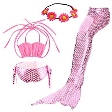 3PCS Girls' Swimsuit Mermaid Tail for Swimming Tropical Bikini Halloween Masquerade Pool Party