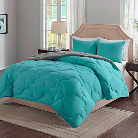 Comfort Spaces – Vixie Reversible Down Alternative Comforter Mini Set - 2 Piece – Teal and Grey – Stitched Geometrical Pattern – Twin/Twin XL size, includes 1 Comforter, 1 Sham