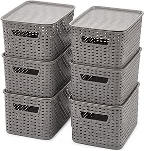 EZOWare Set of 6 Lidded Storage Totes Boxes, 6 Quart Plastic Stackable Weaving Wicker Basket Containers set with Lid and Handle For Kids Classroom, Baby Nursery and More - Gray, 11x7.3x5.1 inch