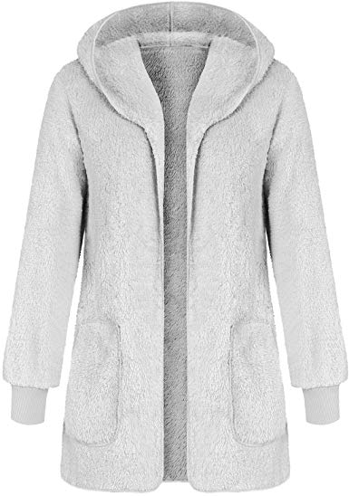 ANGGREK Women Casual Fuzzy Hooded Jacket Faux Fur Cardigan Coat with Pockets