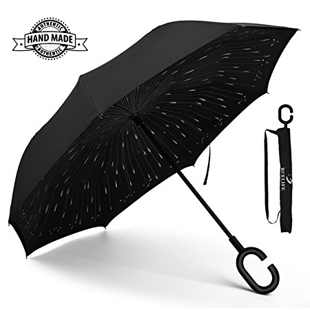 Inverted Umbrella Reverse Folding Windproof BCELIFE Double Layer Anti-uv Self-Standing Golf Umbrella with C Shape Handle and Carrying Bag, Inside-Out for Car Use