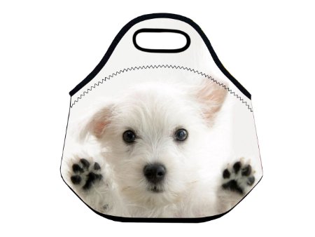 Richen Soft Kids Neoprene Lunch bags Lunchbox Tote Insulated Grocery Sleeve with Zipper White Dog Design RLB-076
