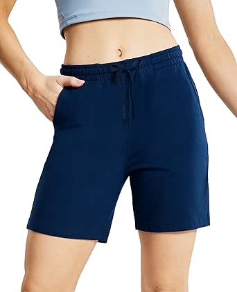 MIER Women's Bermuda Cotton Shorts with Pockets 6'' Inseam Lounge Sweat Athletic Yoga Causual Drawstring, Lightweight Stretch