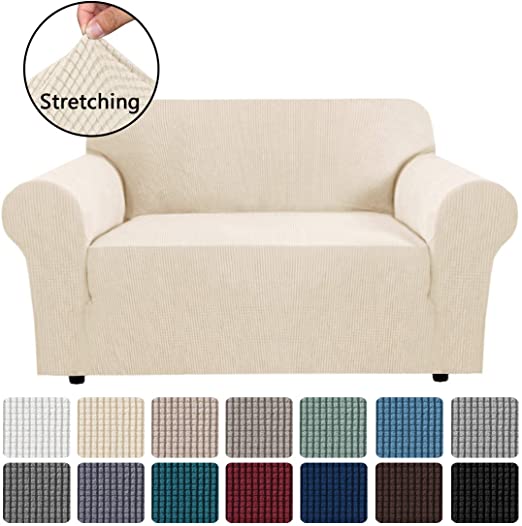 Stretch Couch Cover Loveseat Covers for 2 Cushion Couch Loveseat Slipcover|Sofa Cover for Loveseat 1 Piece with Elastic Bottom, Textured Checked Jacquard Fabric(Loveseat 58"-72" Wide, Natural)