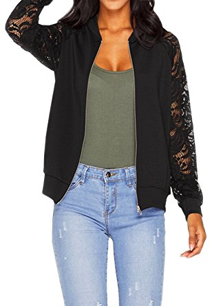Dreamparis Women's Sexy Long Sleeve Mesh Embroidered Crop Bomber Jacket Short Coat