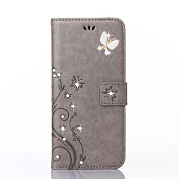 Galaxy S5/Galaxy S5 Neo 5.1inch Elegant Wallet Case, Galaxy S5 Neo Beautiful and Cute Case , Luxury 3D Fashion Handmade Bling Crystal Rhinestone Butterfly Fashion Floral Blue PU Flip Stand Credit Card ID Holders Wallet Leather Case Cover(bling /grey)