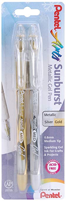 Pentel Arts Sunburst Metallic Gel Pen, Medium Line, Permanent, Gold and Silver Ink, 2 Pack (K908BPXZ)