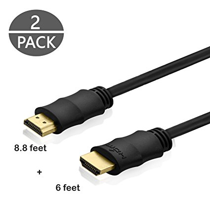 Perlegear Gold Plated High Speed HDMI Cable Supports 4K 1080p Ethernet 3D and Audio Return, 2 Pack (8.8 Feet and 6 Feet)