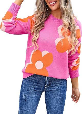 Angashion Women Long Sleeve Sweater - Fall Casual Crewneck Knit Tops Floral Print Cute Loose Pullover Jumper