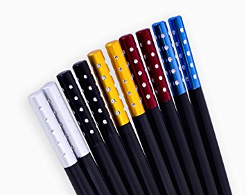 Non-toxic melamine Chinese chopsticks. Reusable, dishwasher safe. Set of 5 colors: black with silver, gold, blue, and red metal bands. Luxury quality