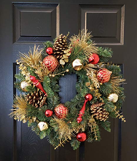 24" Holiday Pine Wreath with Decorative Gold & Red Ornaments, Gold Pics, Gold Glitter Frosted Pinecones, and Gold Glittered Leafy Branches - Christmas Decorative Wreath