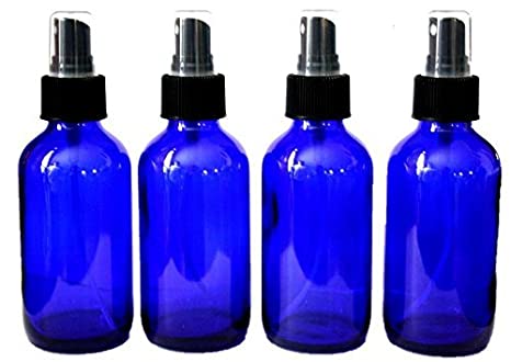 4 fl oz Cobalt Blue Glass Bottle with Black Spray Cap (4 Pack)