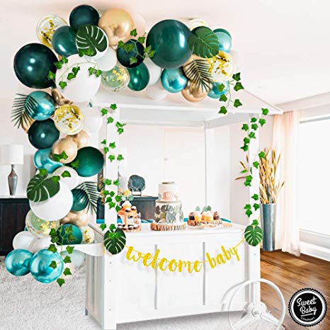 Sweet Baby Co. Jungle Theme Safari Baby Shower Decorations with Green Balloon Garland Arch Backdrop, Tropical Leaves Decoration, Ivy Vines, Banner Sign, Neutral Birthday Party Supplies for Boy or Girl