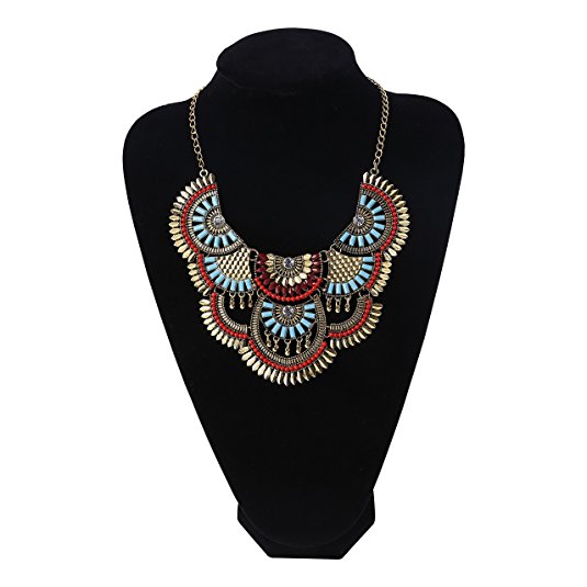 Paxuan Womens Antique Silver/Gold Alloy Vintage Colorful Boho Bohemia Turquoise Necklace Ethnic Tribal Beaded Necklace Chunky Choker Statement Necklace