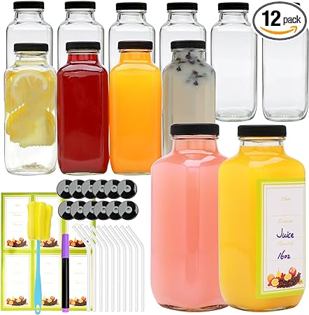 Woaiwo-q 12pack 16oz Glass Juice Bottles with Lids, Reusable Juice Containers Drinking Jars Water Cups with Brush, Glass Straws, Lids with Hole