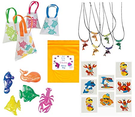 Multiple Luau Sealife Beach Pool Party favor Bundle Enough for 12 Kid's (12 Goody Gift Bags, 12 Dolphin Necklaces, 24 Squishy Sea Creatures Toys, 36 Tattoos & Bonus Bag)