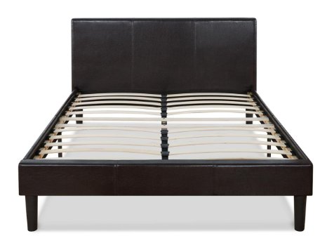 Faux Leather Upholstered Platform Bed with Wooden Slats, Queen