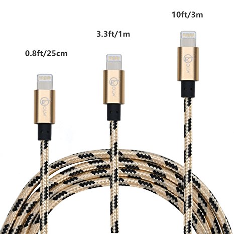 OOLLWW iPhone Cable,3Pcs Nylon Braided iphone Charger to Cable Data Syncing Cord 0.8ft/3.3ft/10ft Compatible with iPhone 7/7 Plus/6/6 Plus/6S/6S Plus,SE/5S/5,iPad,iPod Nano 7 - Golden