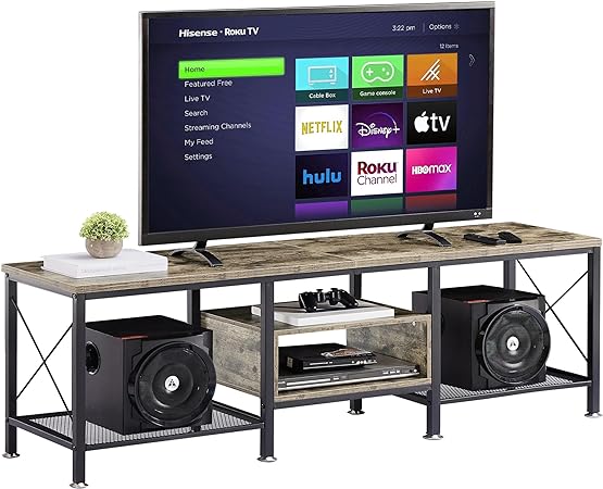 VECELO Industrial TV Stand for 65 Inch Television Cabinet 3-Tier Console with Open Storage Shelves, Entertainment Center Metal Frame for Living Room, Bedroom, 55 Inch, Grey