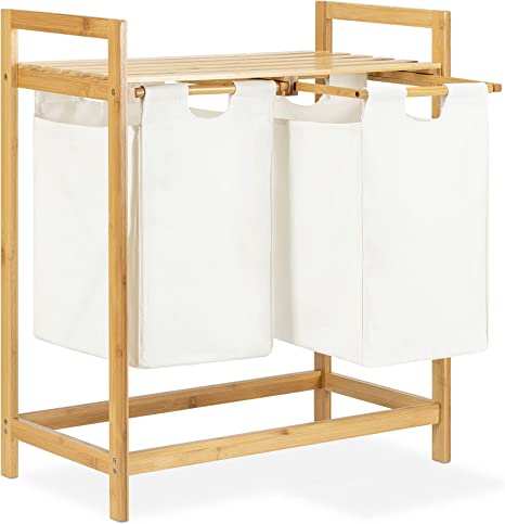 Navaris Bamboo Laundry Hamper - Pull-Out Dirty Clothes Compartment Drawers for Bedroom Bathroom - Cotton Hamper with Removeable Compartments