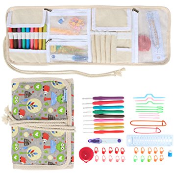 Teamoy Ergonomic Crochet Hooks Set, Canvas Wrap Organizer Roll Up, Knitting Needle Kit with 9pcs 2mm to 6mm Soft Grip Crochets and complete Accessories, Functional and Easy to Carry, Green Owls