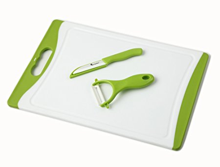BLOWOUT SALE Chef Made Easy Large Plastic Cutting Board (Green) with Drip Groove Includes Free Bonus Ceramic Peeler and 3" Ceramic Paring Knife - Non-slip and Stain-resistant