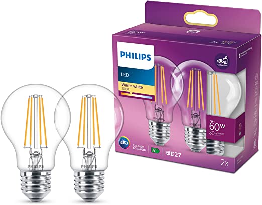 Philips LED Classic A60 Light Bulb 2 Pack [E27 Edison Screw] 7W - 60W Equivalent, Warm White (2700K), Non Dimmable