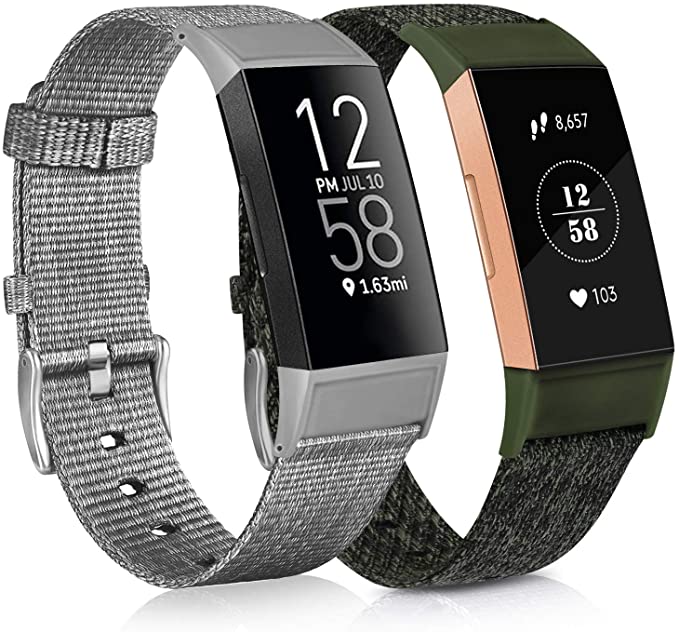 [2 Pack] Woven Fabric Bands Compatible with Fitbit Charge 4, Fitbit Charge 3 / Charge 3 SE for Women Men, Dark Green & Grey