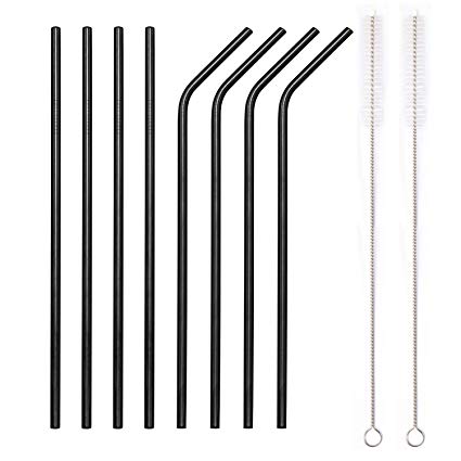 YIHONG Set of 8 Stainless Steel Metal Straws 8.5'' Reusable Drinking Straws For 20oz Tumblers Yeti 6mm Diameter Black (4 Straight   4 Bent   2 Brushes)