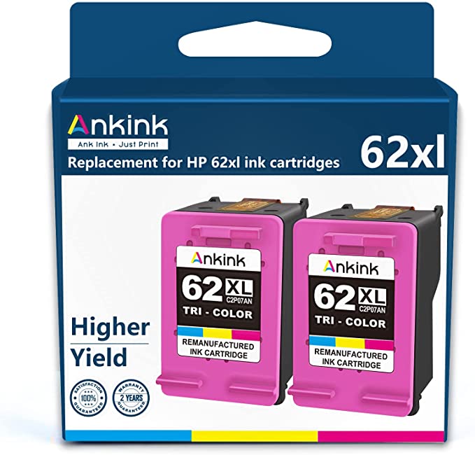 Ankink Higher Yield Remanufactured HP 62XL Ink Cartridge Replacement for 62 HP62XL hp62 XL Envy 5540 5640 5660 7640 7645 OfficeJet 200 250 5740 8040 Printer Toner Color (Tricolor) Combo 2 Pack