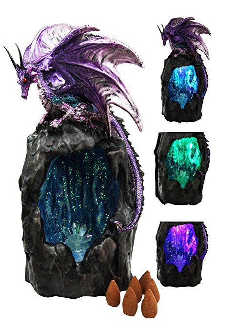 Purple Azurite Quartz Dragon Climbing On Gemstone Mountain Backflow Incense Burner Figurine Faux Stone