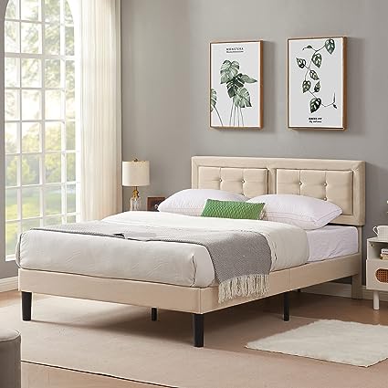 VECELO Full Size Upholstered Bed Frame with Height Adjustable Fabric Headboard, Heavy-Duty Platform Bedframe/Mattress Foundation/Strong Wood Slat Support/No Box Spring Needed, Beige