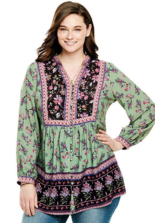 Woman Within Women's Plus Size Button-Front Mixed Print Tunic