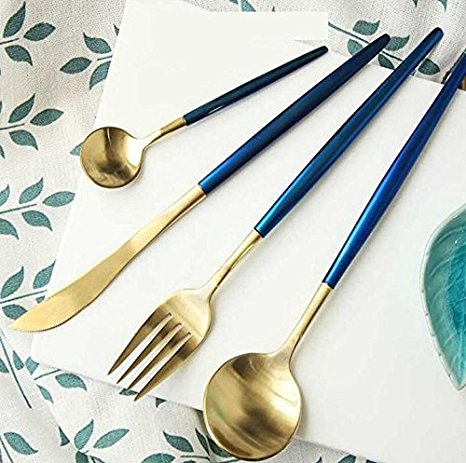 16 Pieces Dinner Tableware Knife Fork Soup Spoon Dessert Spoon Flatware - Royal Style Blue Gold (Set of 4)
