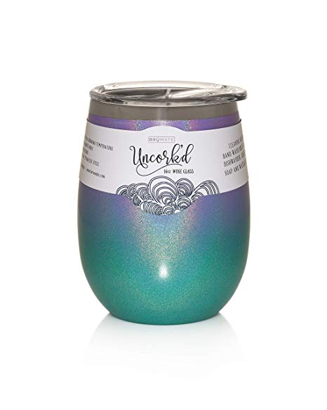 BrüMate Uncork'd XL 14oz Wine Glass Tumbler With Splash-proof Lid - Made With Vacuum Insulated Stainless Steel (Glitter Peacock Violet Ombre)