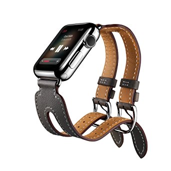 EloBeth for Apple Watch Band Series 2 Series 1,Double Buckle Cuff Apple Watch Leather Band, iWatch Band Genuine Leather Band Wrist Watch Band with Adapter for Apple Iwatch (Double Cuff Grey 38mm)