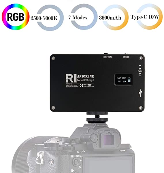 ANDYCINE R1 Pocket Led Video Light, TYPE-C USB Camera Light with 360 RGB,Aluminum Body 192 LED 2500K-7000K CRI97,7 Light modes for Portraits Micro Film Studio photography
