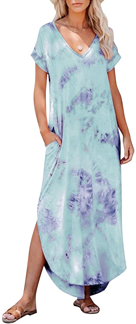 Kidsform Women's Short Sleeve Maxi Dress Casual Loose Long Dress V Neck Split Floral Solid Summer Beach Dress with Pockets
