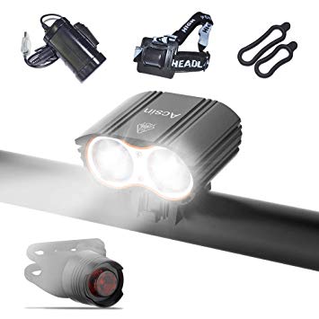 Acsin Bike Light Front and Rear, Super Bright 4 Modes Rechargeable Waterproof Durable Bicycle Front LED Light and Free Taillight with Battery Pack for Road Cycling Safety Flashlight