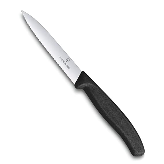 Victorinox Kitchen Knife, Stainless Steel Swiss Made Vegetable Cutting and Chopping Knife, Serrated Edge, 10 cm, Black