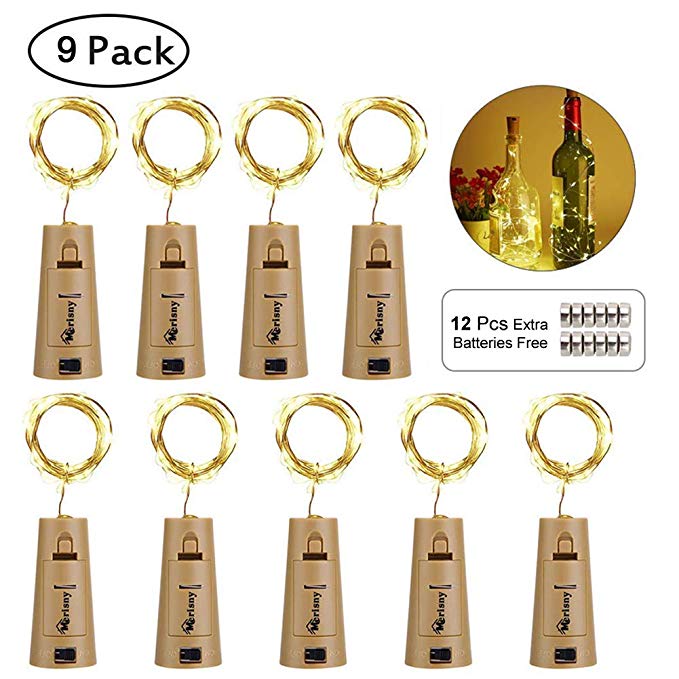 Bottle Lights,Merisny 9pcs Wine Bottle Lights with Cork,20 LED Battery Operated Fairy Lights for Bottle, Decoration for Wedding,Parties,Christmas,Bar,12 Extra Batteries as Gift (Warm White)
