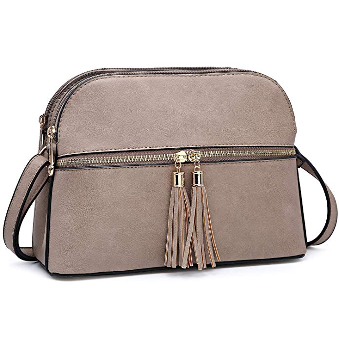 Women's Triple Compartment Crossbody Bag Fashion Shoulder Bag w/Front Tassel Zipper Pocket